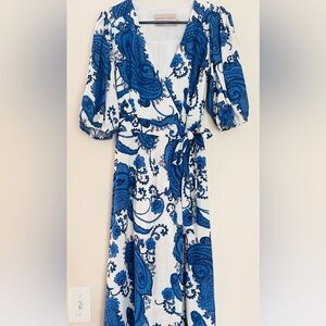 WHITE CLOSET ELEMENT Linen Blend Wrap Tie Blue and White Midi Dress